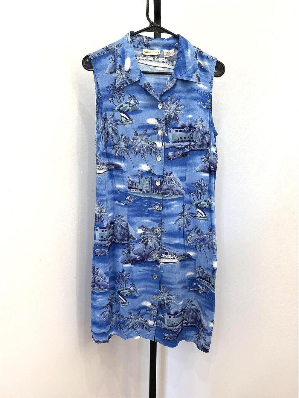 Expressions Sleeveless Blue Rayon Button-Down Dress Size 10